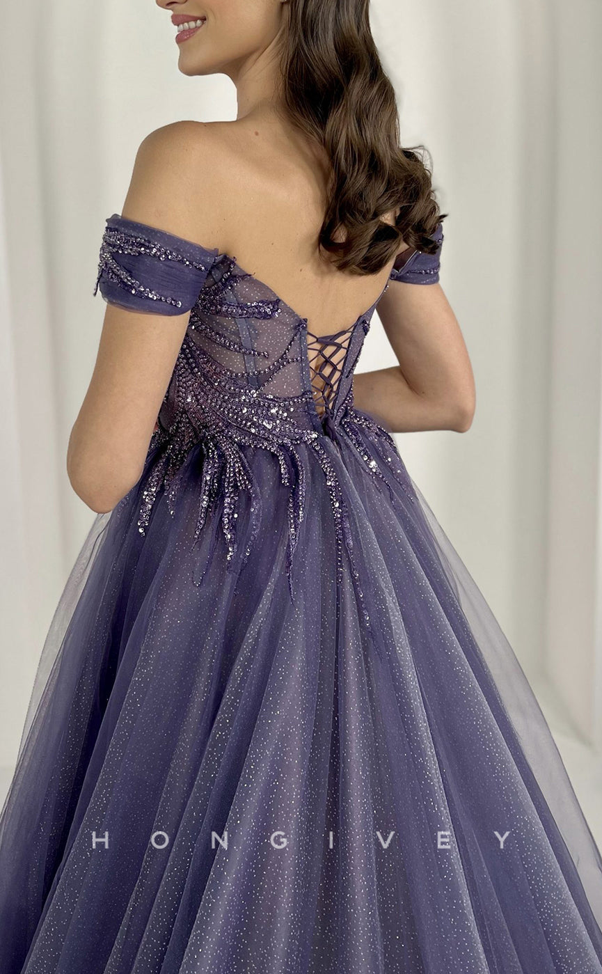 L2660 - Off-Shoulder Tulle A-Line Sequined Appliques With Train Party Prom Evening Dress