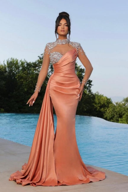 Elegant Mermaid High Neck Orange Floor-Length Sweethearts Long Sleeve Prom Dresseses with Beadings