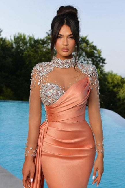 Elegant Mermaid High Neck Orange Floor-Length Sweethearts Long Sleeve Prom Dresseses with Beadings