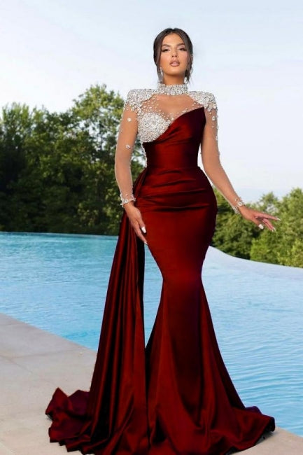 Charming Mermaid Silver Floor-Length Beaded Burgundy Prom Dress