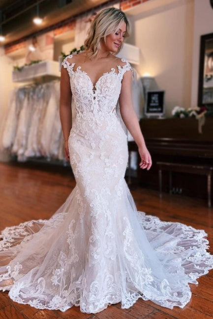 Chic Long Mermaid Sweetheart Off-The-Shoulder Tulle Wedding Dresses with Lace