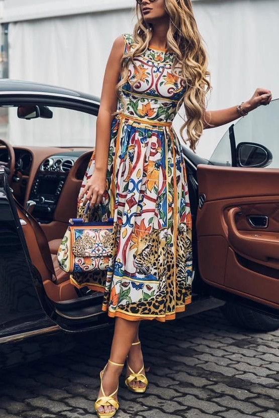 Mid A-Line Printed Sleeveless Dress