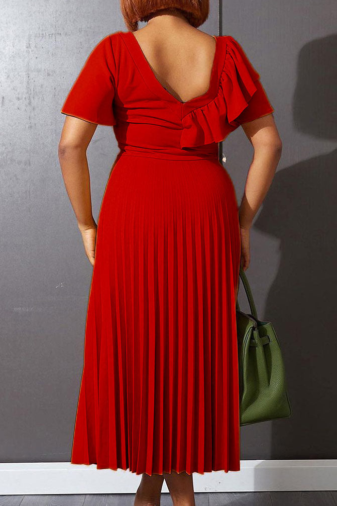 Midi Red A-Line Pleated Dress