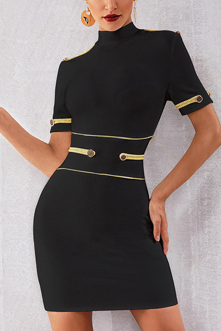 Mock-Neck Epaulet Bandage Dress With Short Sleeves