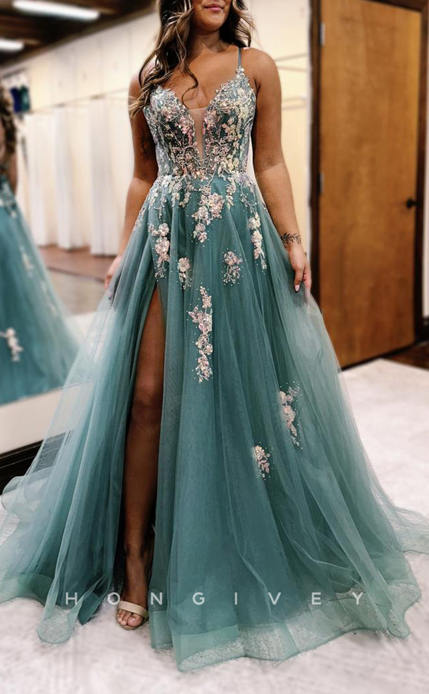 L2719 - Tulle A-Line Sweetheart Spaghetti Straps Appliques With Side Slit Party Prom Evening Dress