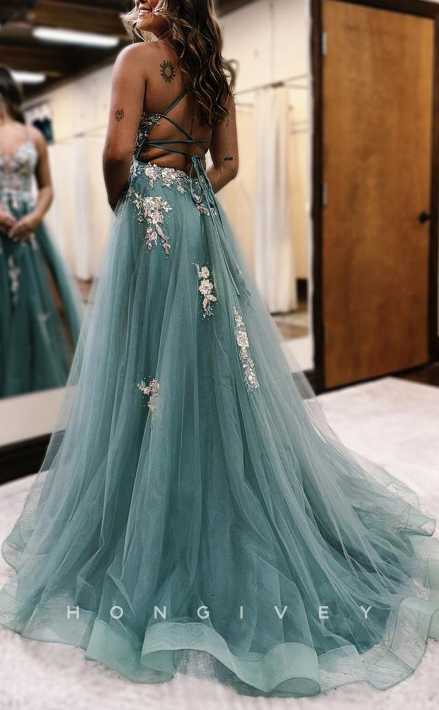 L2719 - Tulle A-Line Sweetheart Spaghetti Straps Appliques With Side Slit Party Prom Evening Dress