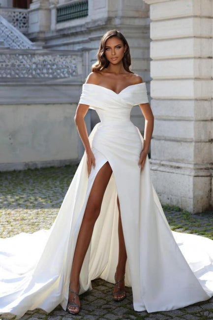 Elegant Mermaid Off The Shoulder Stain Princess Wedding Dress with Split