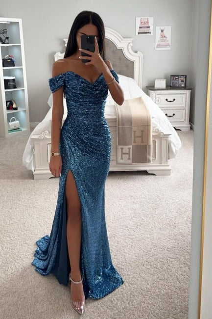 Elegant Off the shoulder Blue mermaid Prom Dress with Ruffles