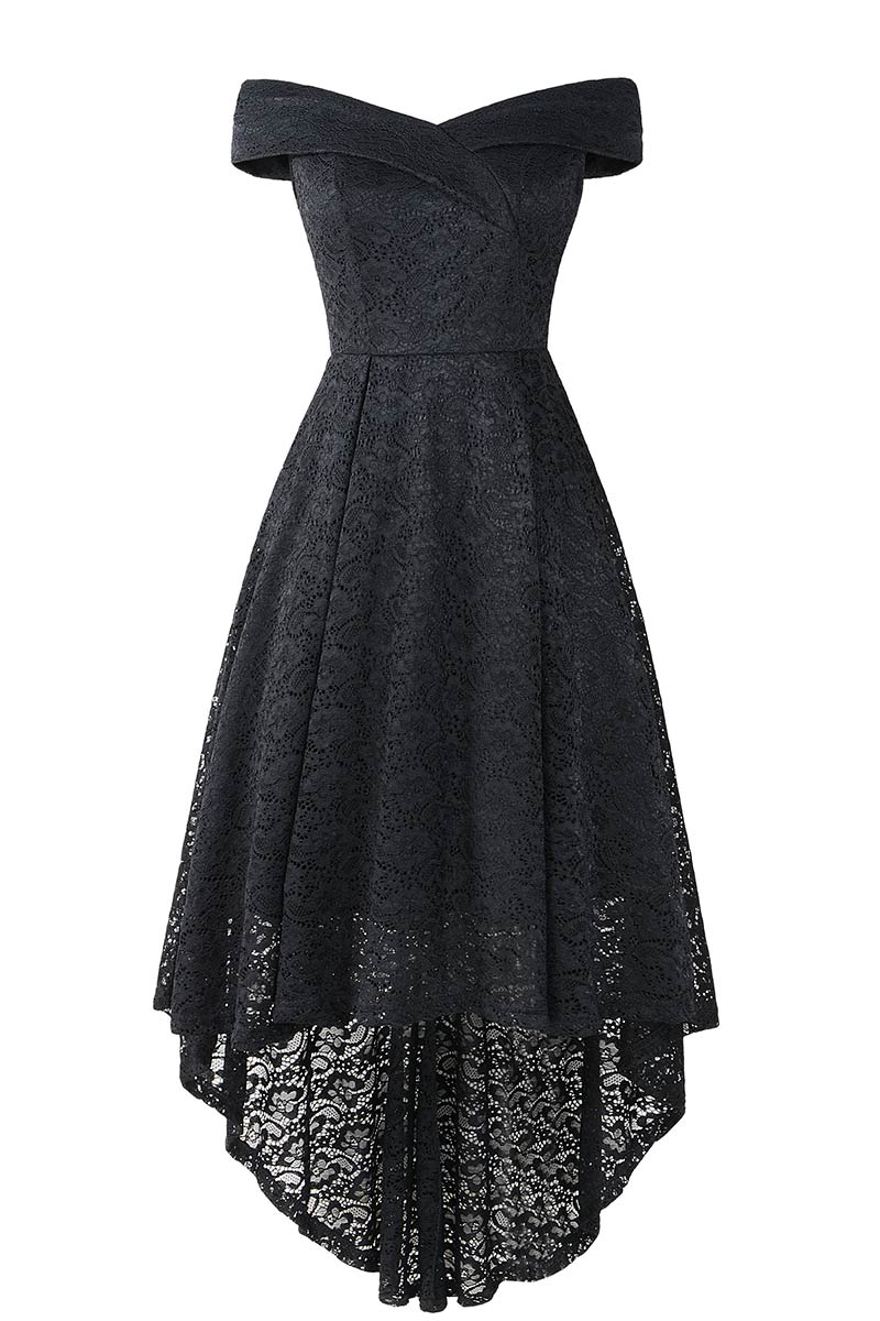 Off-the-shoulder V Neck High Low Lace Prom Dress