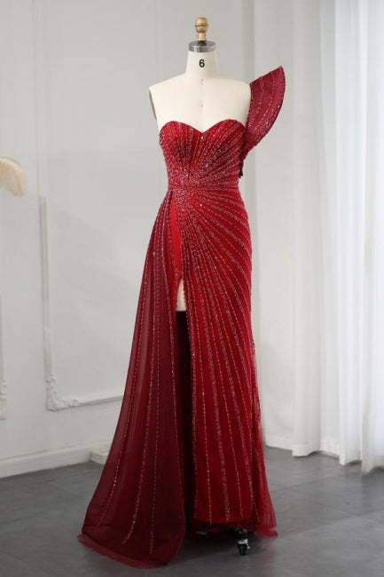 Beatiful Wine Red One Shoulder High Split Beadings Evening Dress