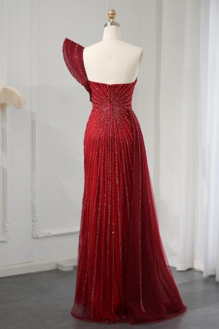 Beatiful Wine Red One Shoulder High Split Beadings Evening Dress