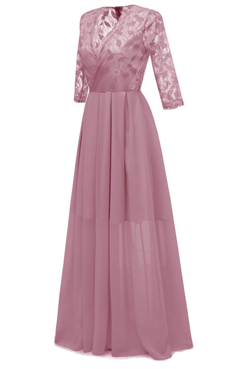 Pink A-line Lace Prom Dress With Long Sleeves