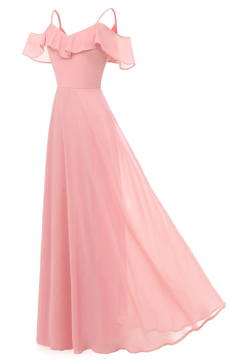 Pink Off-the-shoulder Spaghetti Straps A-line Bridesmaid Dress