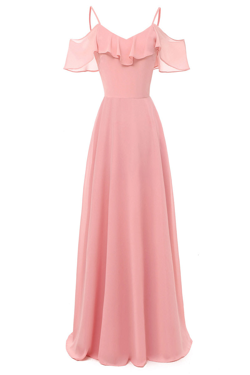 Pink Off-the-shoulder Spaghetti Straps A-line Bridesmaid Dress