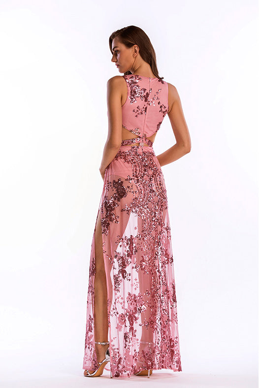 Pink V Neck Sequined Thigh-high Slit Cut Out Prom Dress