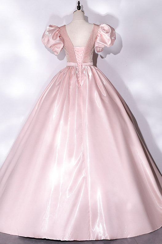 Pink Short Sleeves Ball Gown Prom Dress