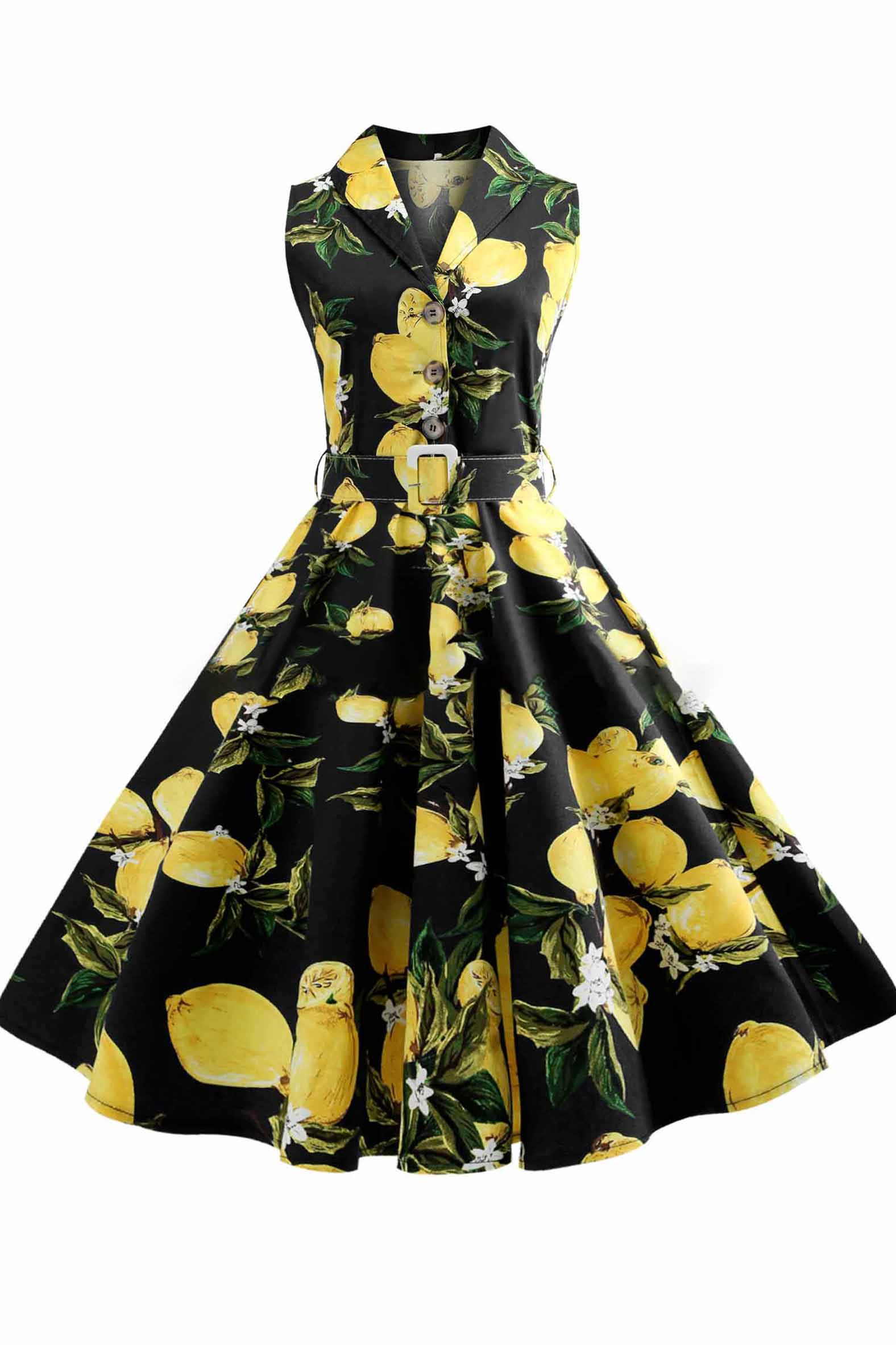 Printed Belt Lapel Sleeveless Dress