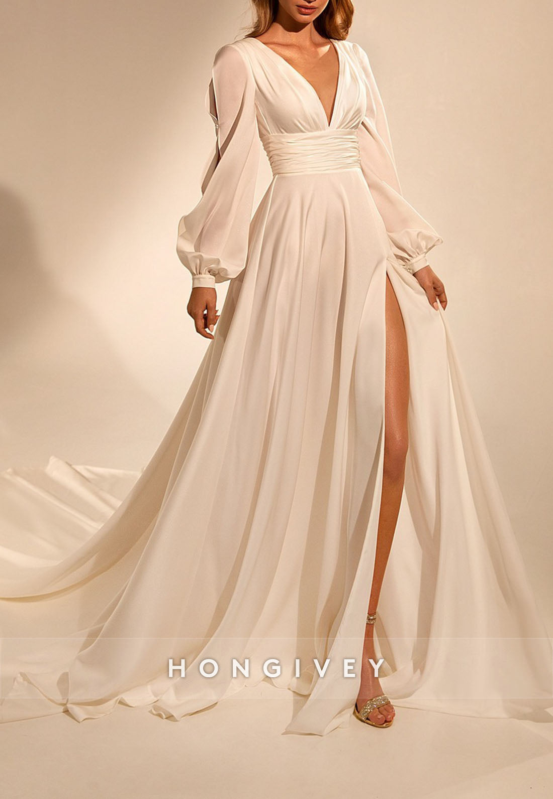 H1774 - Sheer A-Line V-Neck Long Sleeve With Side Slit Beach Wedding Dress