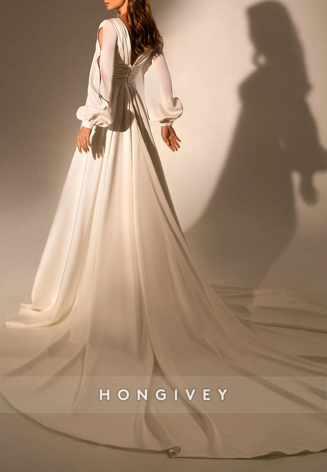 H1774 - Sheer A-Line V-Neck Long Sleeve With Side Slit Beach Wedding Dress