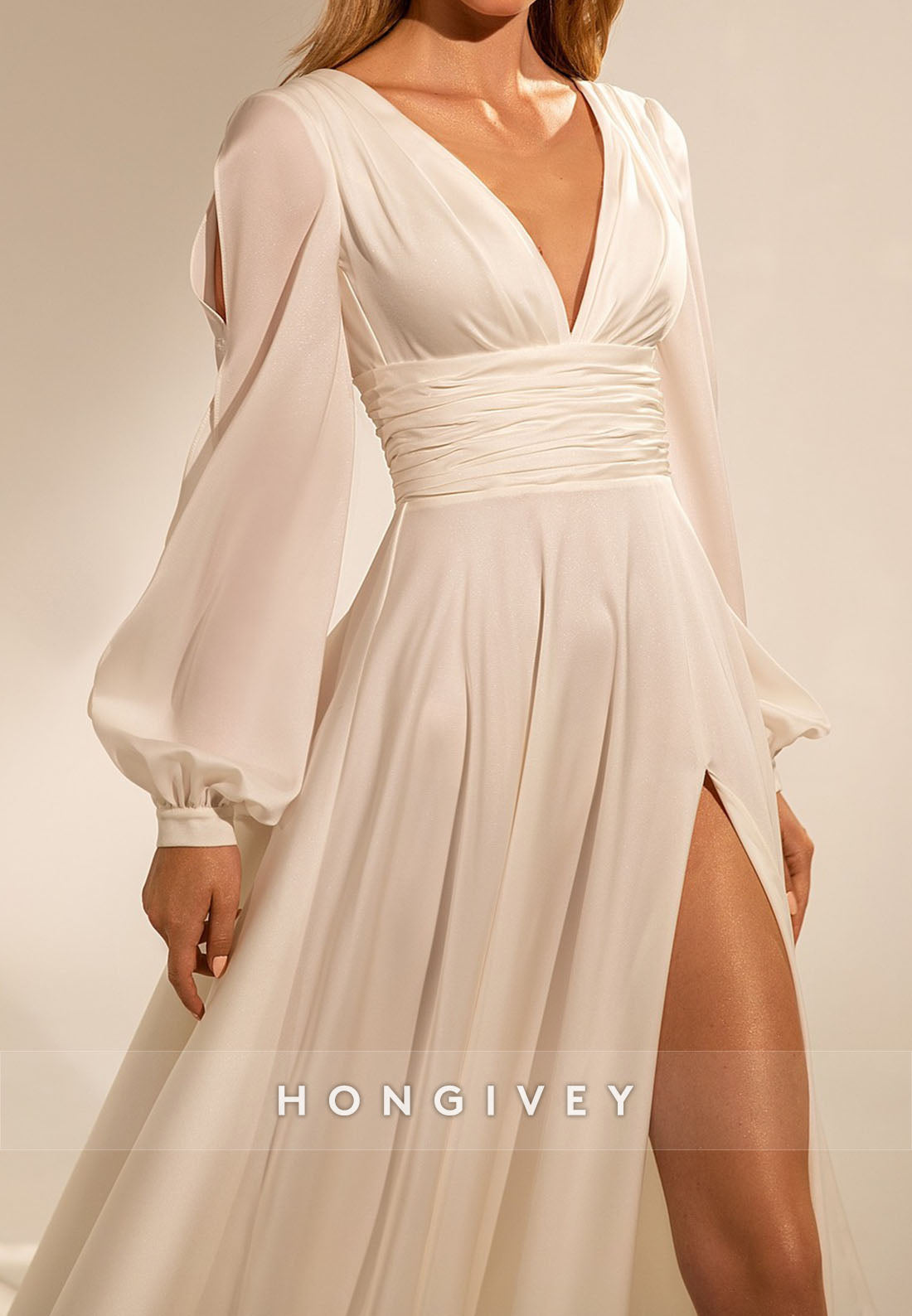 H1774 - Sheer A-Line V-Neck Long Sleeve With Side Slit Beach Wedding Dress