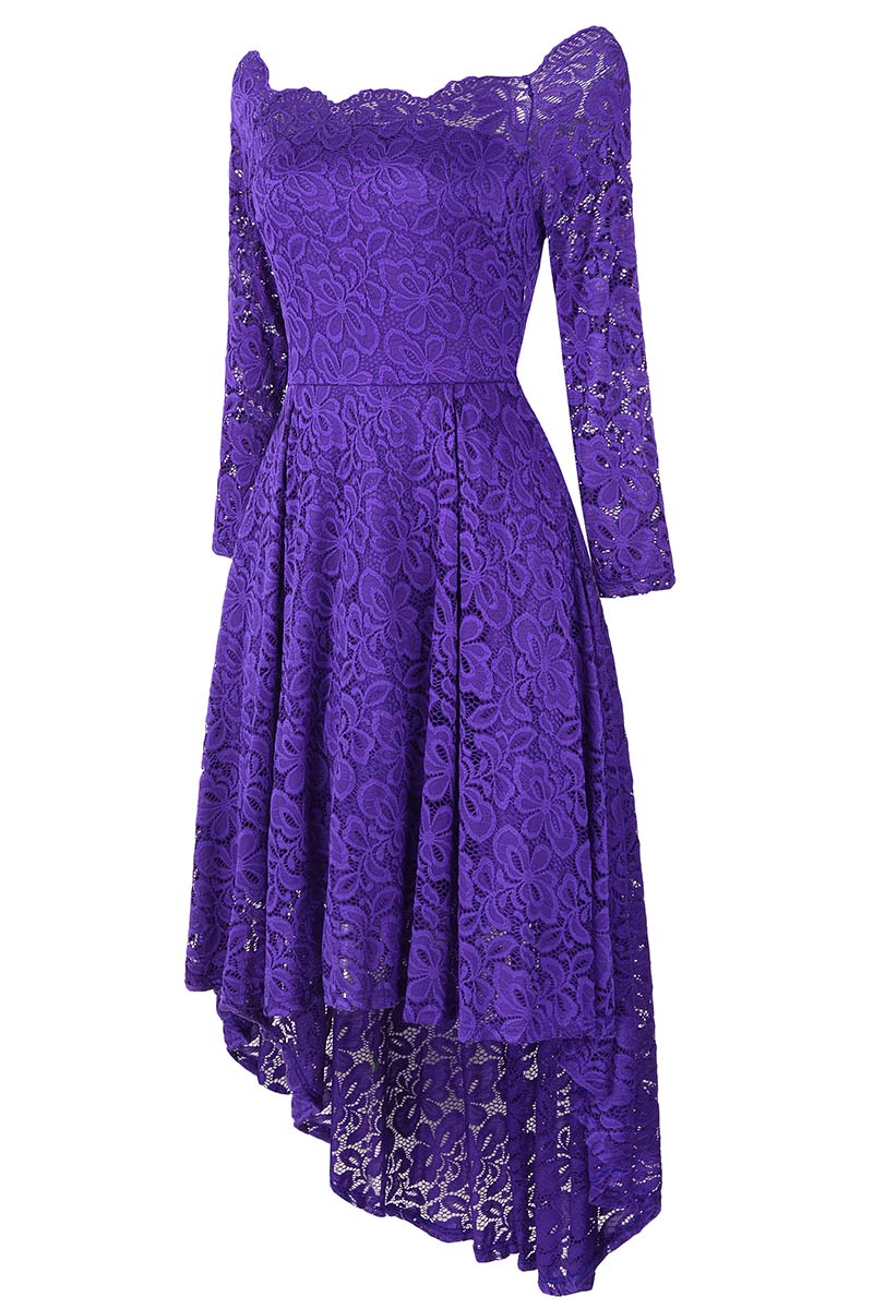 Purple Off-the-shoulder Scalloped High Low Prom Dress