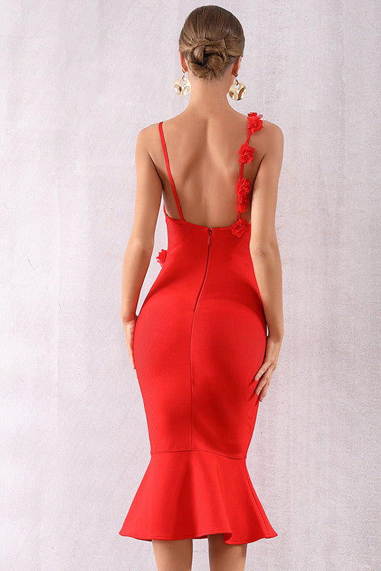 Red Applique Fishtail Bandage Dress