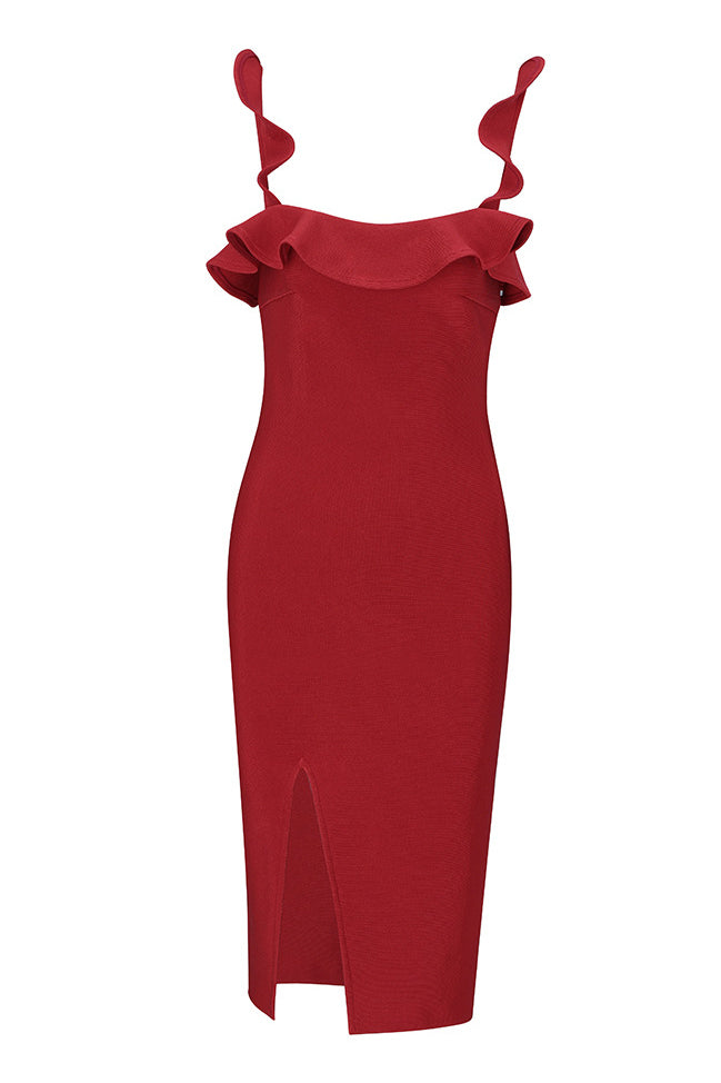 Red Flounce Sleeveless Slit Bodycon Dress