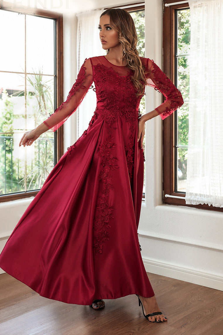 Red Long Sleeves A-Line Applique Prom Formal Dress