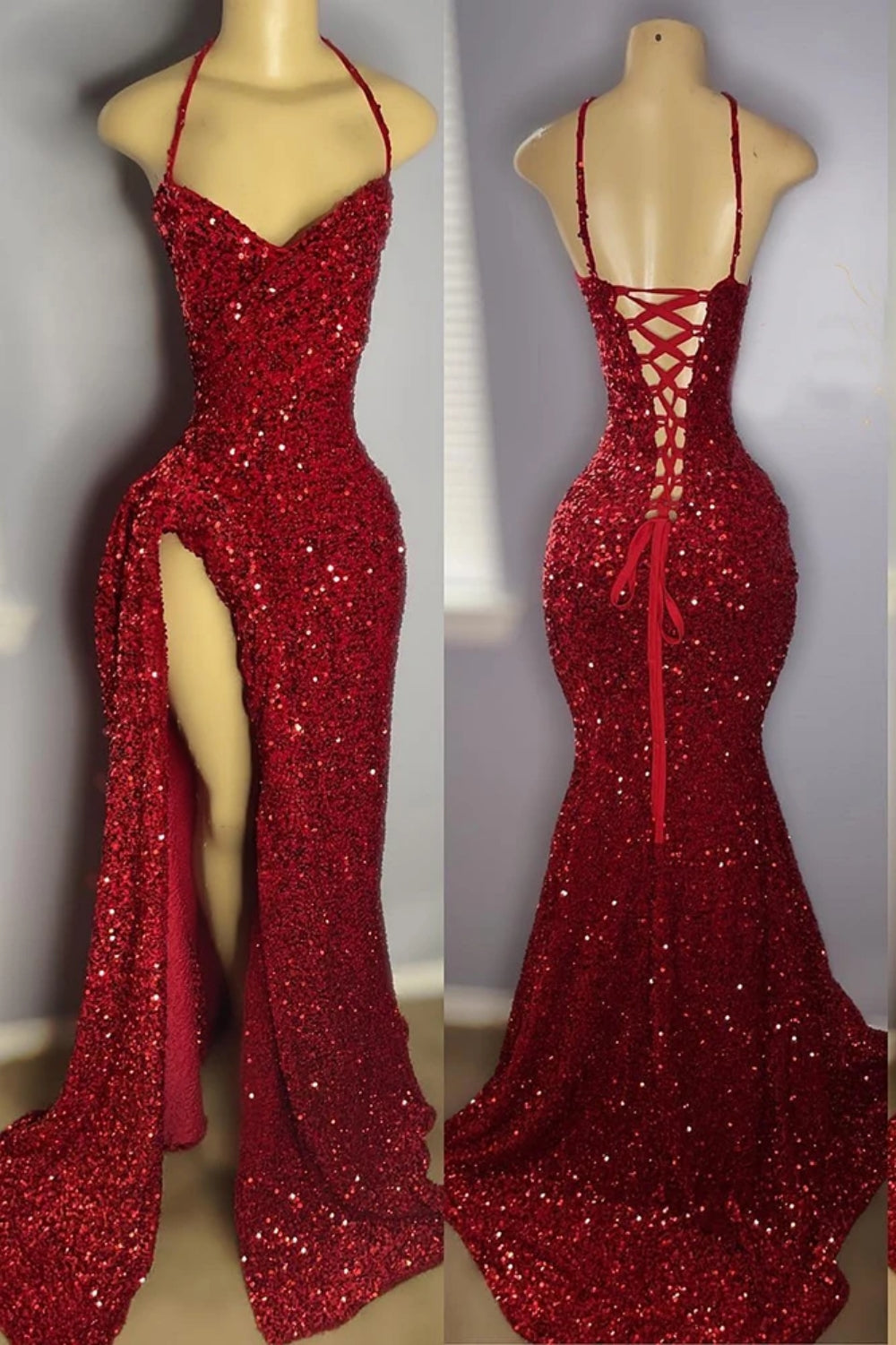 Red Sequined Prom Gown with Slit and Shiny Floor-Length Design