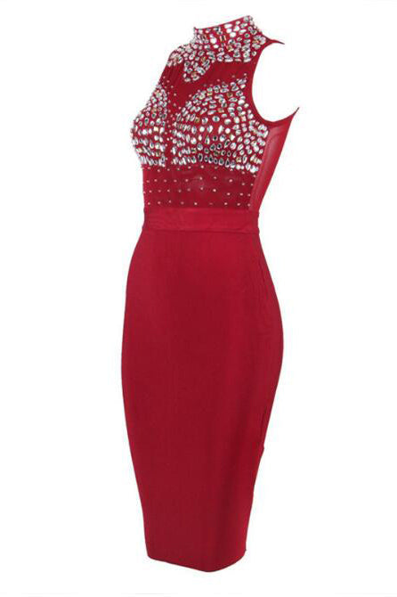 Burgundy Sleeveless High Neck Beading Bandage Dress