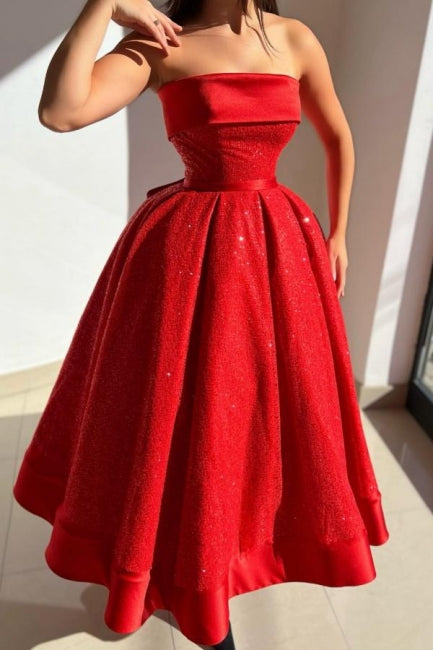 Ball gown Red Strapless Solid Satin Prom Dress