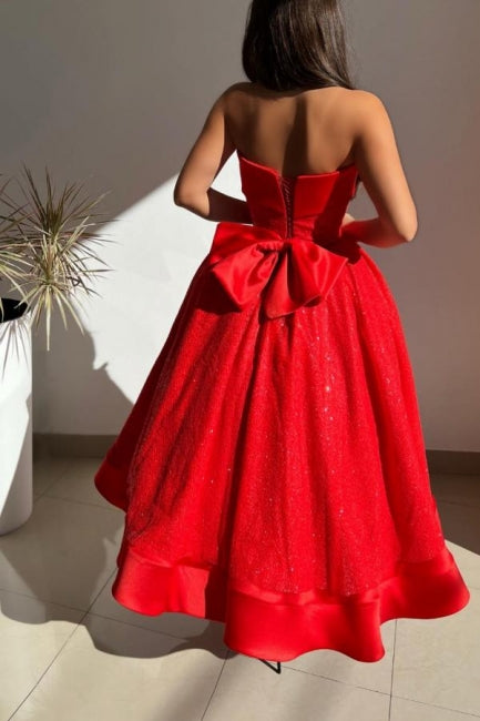 Ball gown Red Strapless Solid Satin Prom Dress