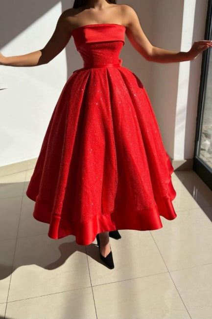 Ball gown Red Strapless Solid Satin Prom Dress