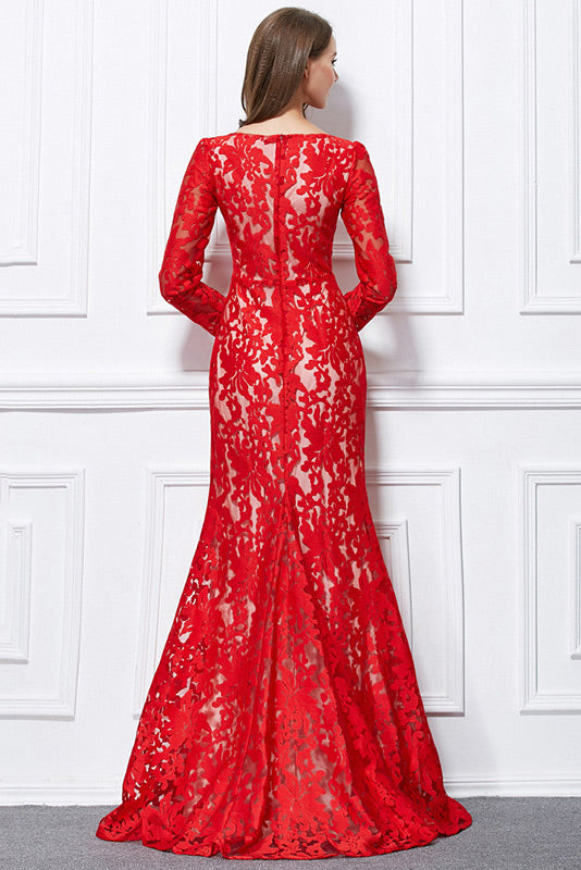 Red Lace Long Sleeve Prom Dress Evening Gown