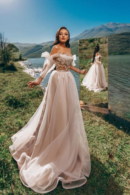 Romantic A-Line Off The Shoulder Princess Tulle Garden Prom Dress