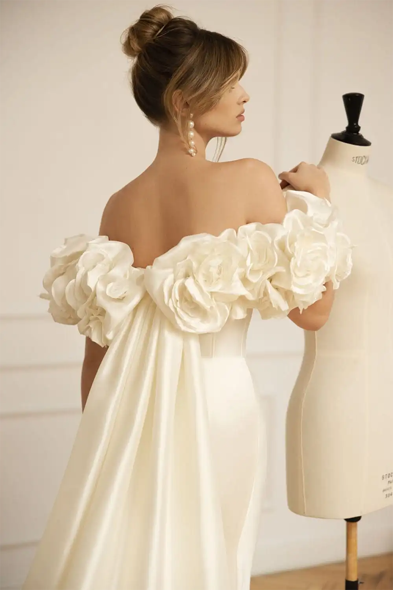 K1101 - Off-Shoulder Strapless Floral Ruched Satin Mermaid Long Wedding Dress