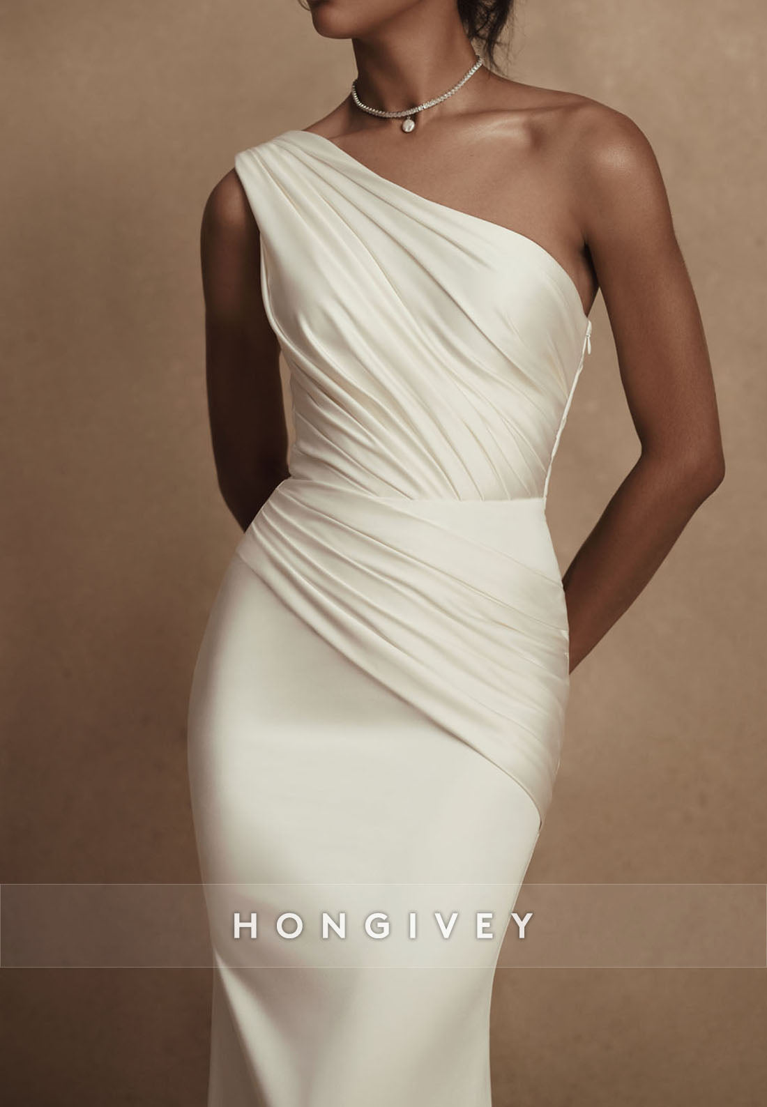 H1773 - Simple Satin Trumpet One Shoulder Ruched Beach Wedding Dress