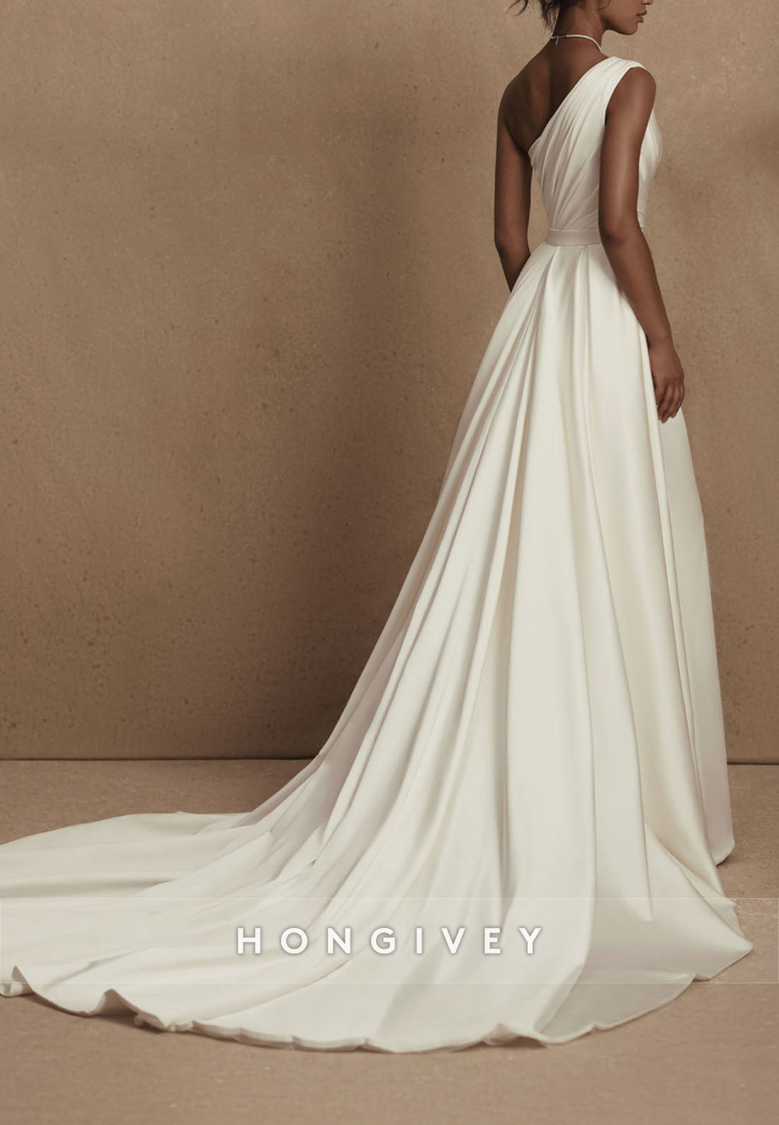 H1773 - Simple Satin Trumpet One Shoulder Ruched Beach Wedding Dress