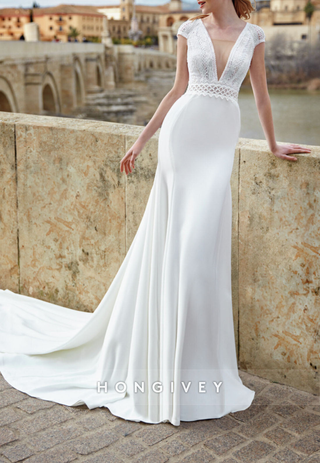 H1776 - Satin Trumpet V-Neck Cap Sleeves Lace Applique Wedding Dress