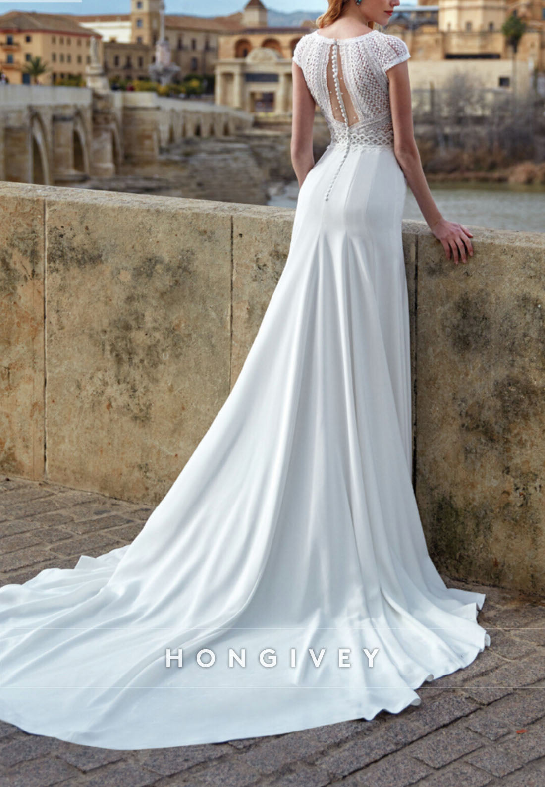 H1776 - Satin Trumpet V-Neck Cap Sleeves Lace Applique Wedding Dress