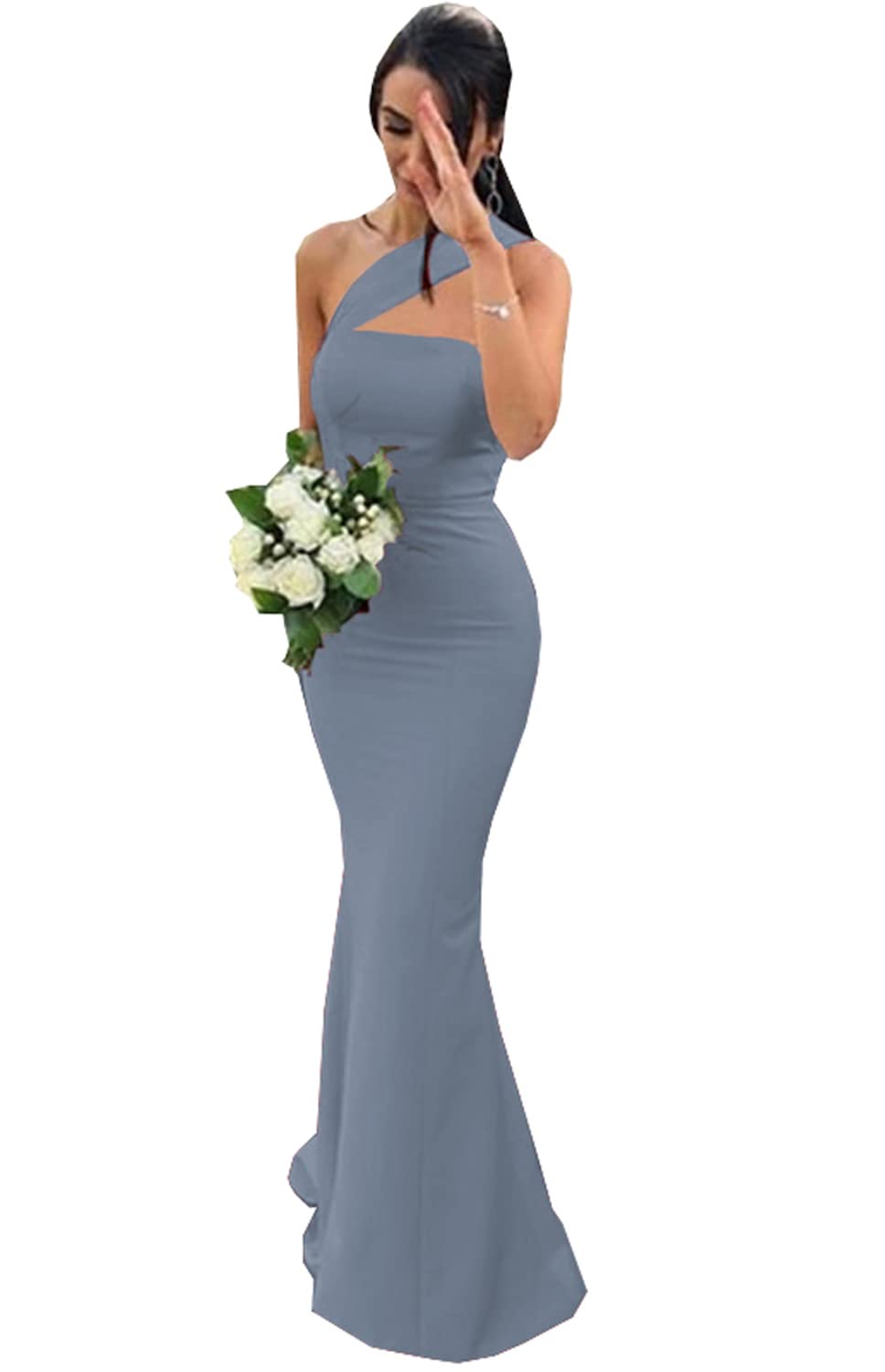 B4254 - One Shoulder Sleeveless Satin Mermaid Long Bridesmaid Dress