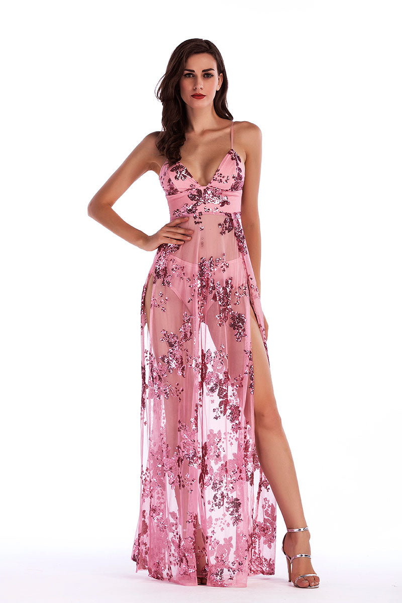 Sequined Deep V Neck Slit See Through Long Dress