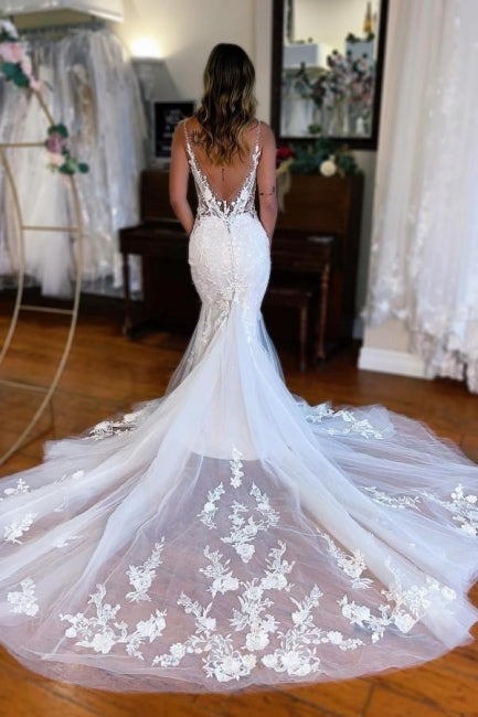 Sexy Long Mermaid V-neck Sleeveless Lace Wedding Gown with Flowing Train