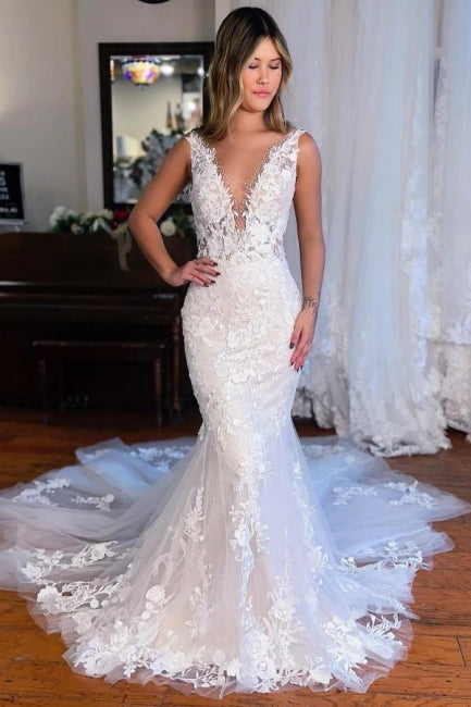 Sexy Long Mermaid V-neck Sleeveless Lace Wedding Gown with Flowing Train