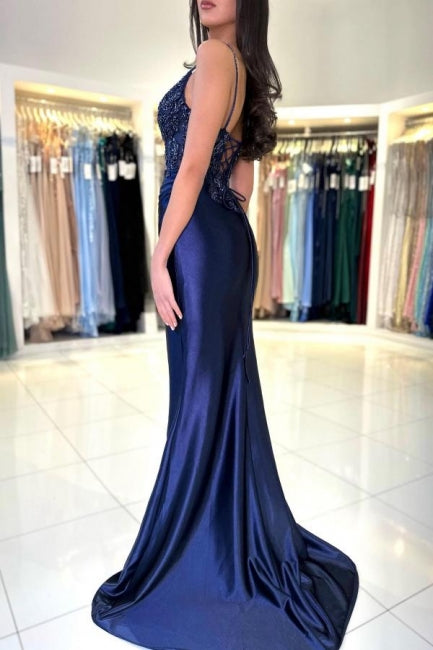 Sexy Long Navy Blue Mermaid V-neck Spaghetti Straps Lace Prom Dress with Slit