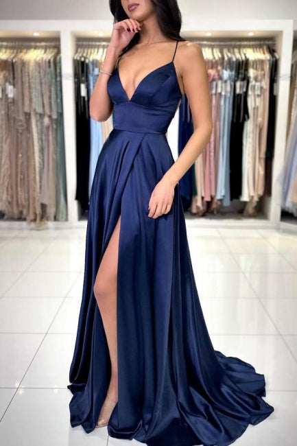 Sexy Long Simple Navy Blue Spaghetti Straps Prom Dress with Elegant Slit