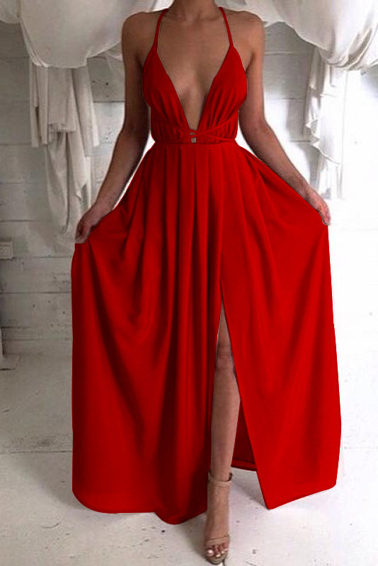 Sexy Plunge Neck Halter Slit Long Dress - Mislish