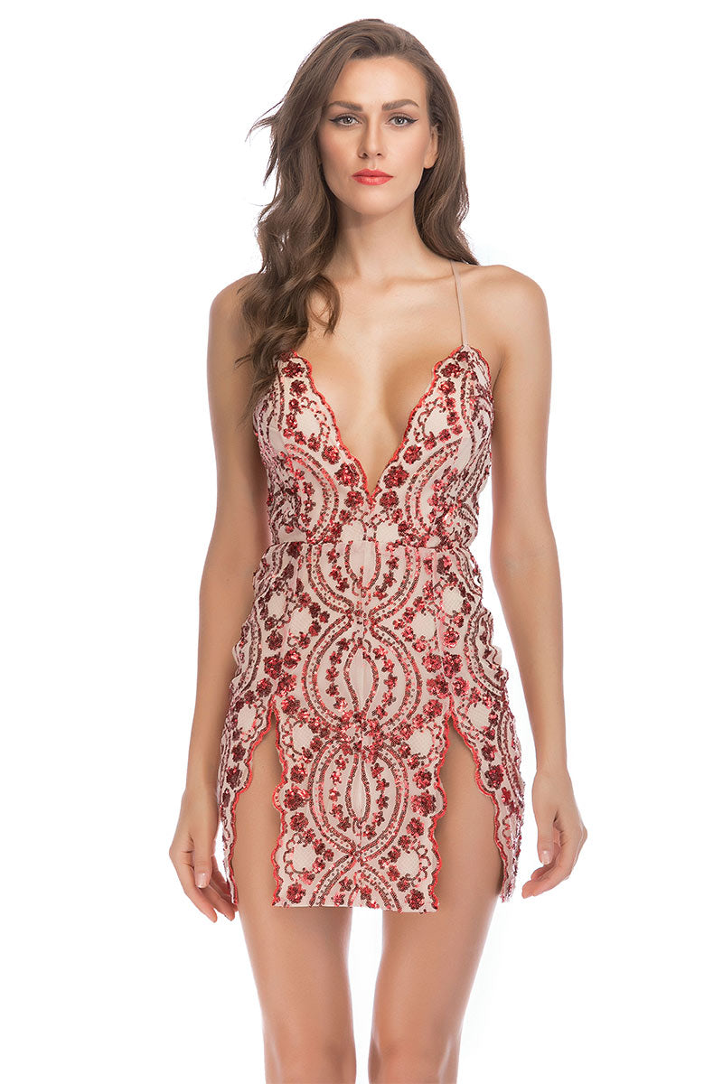 Sexy Red V-neck Spaghetti Straps Party Dress With Sequins