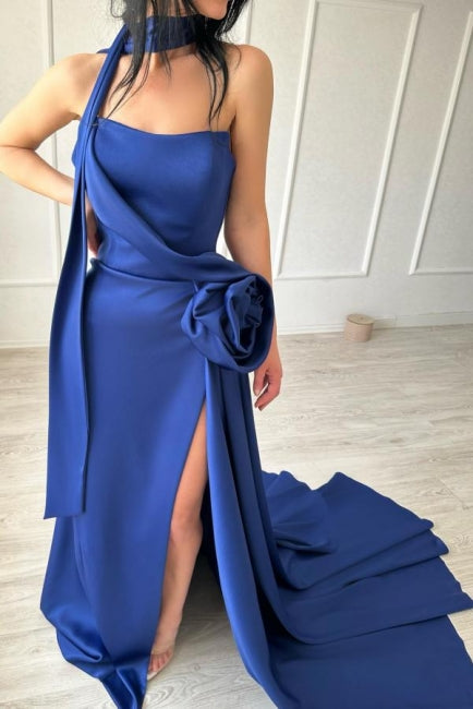 Sexy Simple Long Royal Blue Strapless Satin Prom Dress with Side Slit