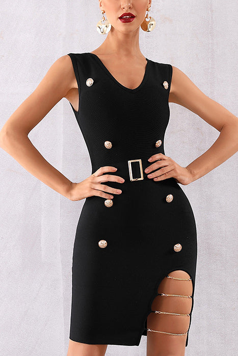 Sexy V-neck Button Belt Bandage Dress